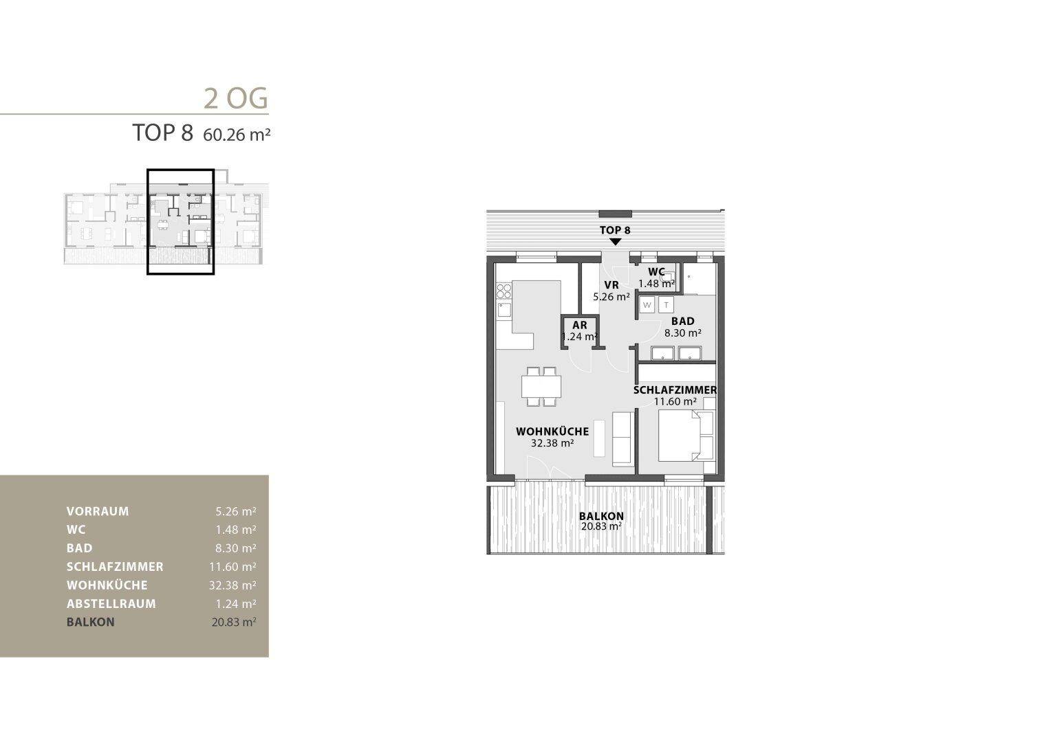 Grundriss der Wohnung TOP 8 im 2. Obergeschoss mit Wohnküche, Schlafzimmer und Balkon.