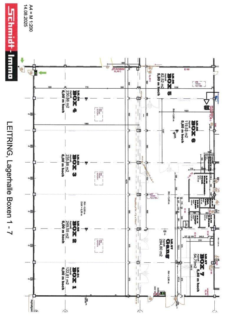 Detaillierter Grundriss einer Lagerhalle mit sieben Boxen und Flächenangaben in Quadratmetern.