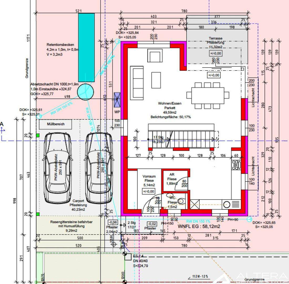 Grundriss des Erdgeschosses mit offenem Wohn-Essbereich, Terrasse und Carport-Stellplätzen.