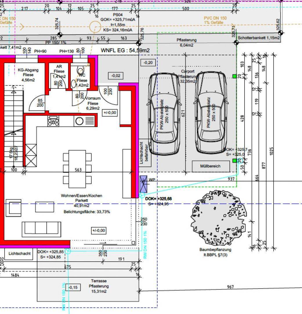 Grundriss des Erdgeschosses mit offenem Wohn-Ess-Kochbereich, Terrasse und Carport.