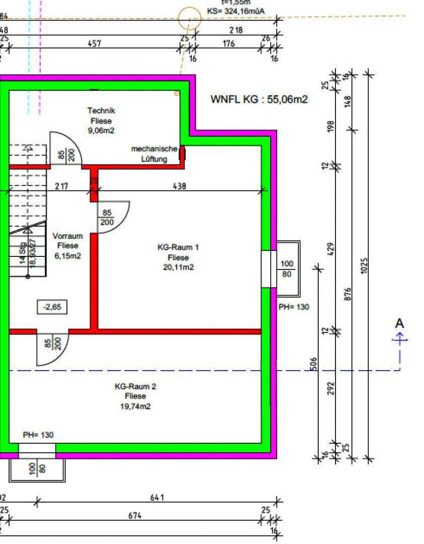 Grundriss des Kellergeschosses mit Technikraum und zwei weiteren Kellerräumen für Lagerung.