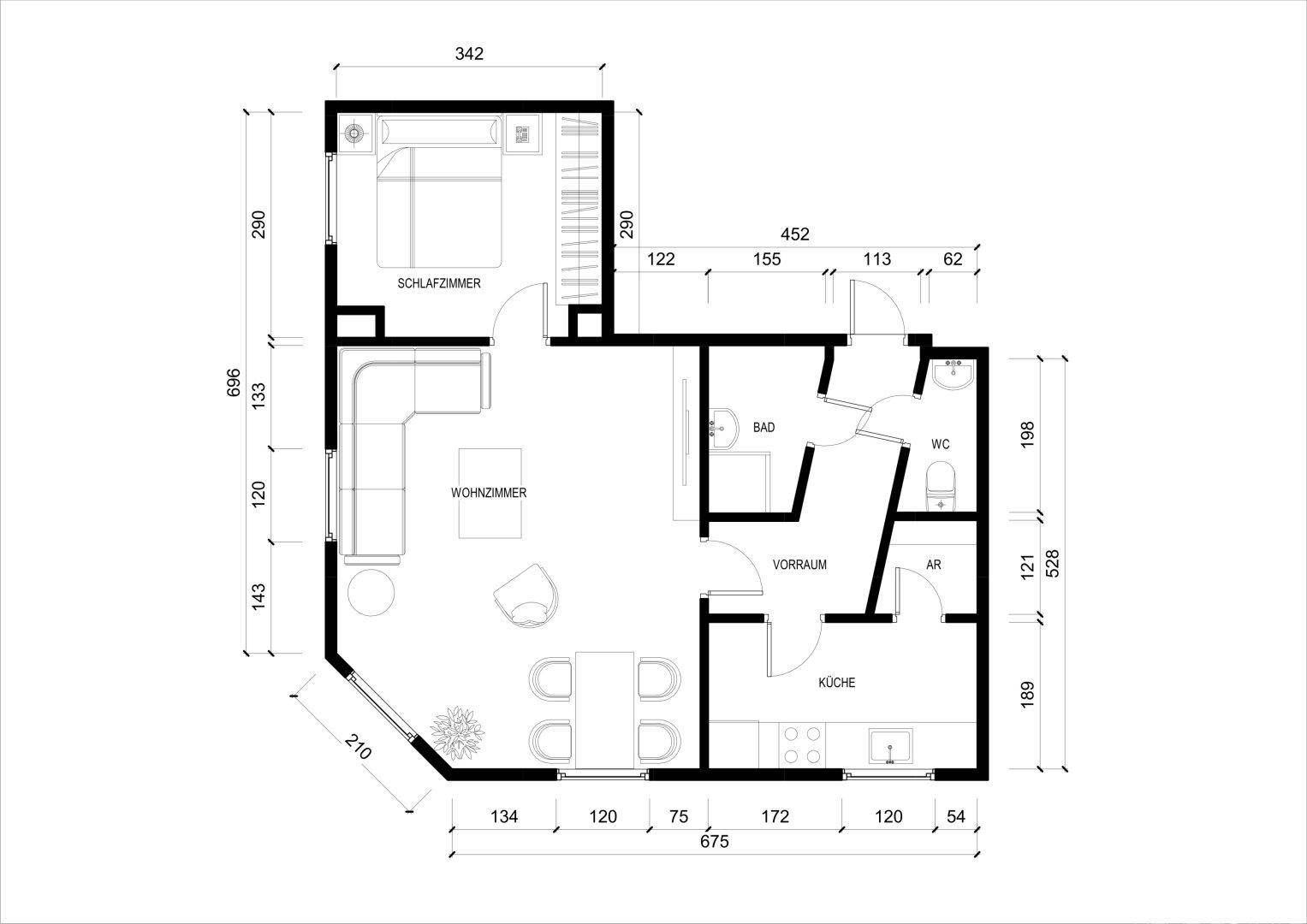 Detaillierter Grundriss der Wohnung mit Raumaufteilung und Bemaßungen.