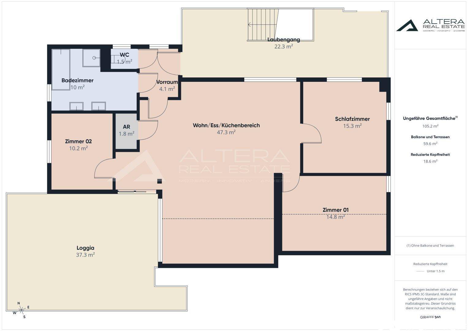 Detaillierter Grundriss einer Wohnung mit Wohn-Ess-Küchenbereich, zwei Schlafzimmern und Loggia.