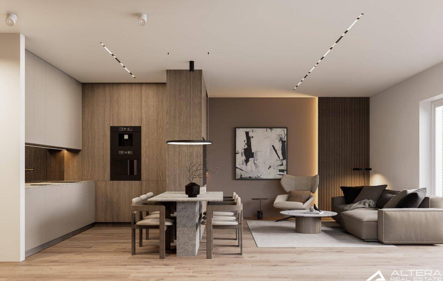 Eleganter offener Wohnbereich mit integrierter Küche, Essplatz und hochwertigen Materialien.
