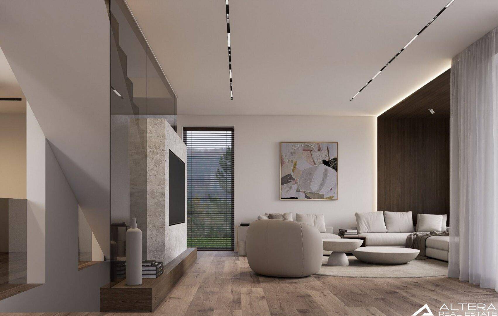 Geräumiges Wohnzimmer mit moderner Einrichtung, großen Fenstern und eleganter Treppe.
