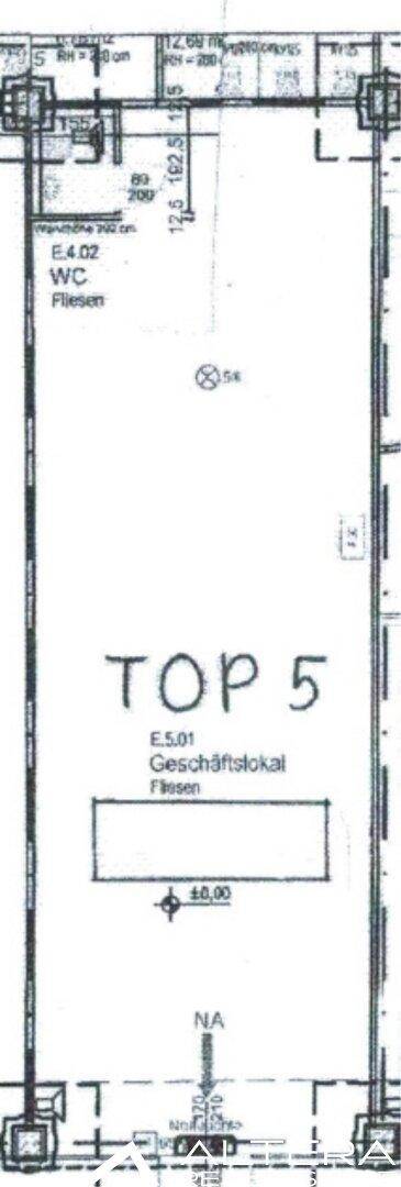 Grundriss des Geschäftsraums mit eingezeichnetem WC-Bereich und Fliesenboden.
