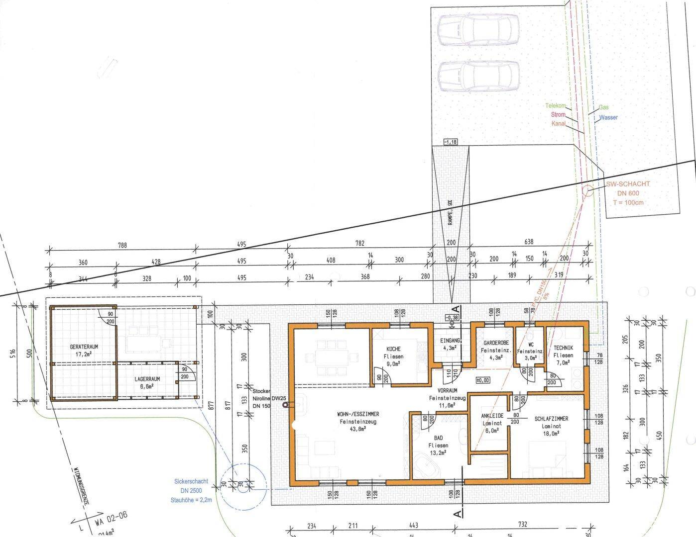 Technischer Grundriss des Hauses mit Maßen und Raumaufteilung.