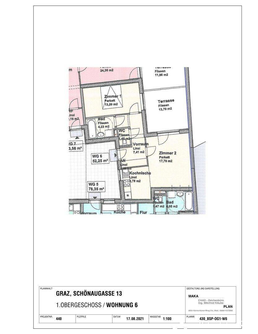 Detaillierter Grundriss einer Wohnung im ersten Obergeschoss mit Terrasse.