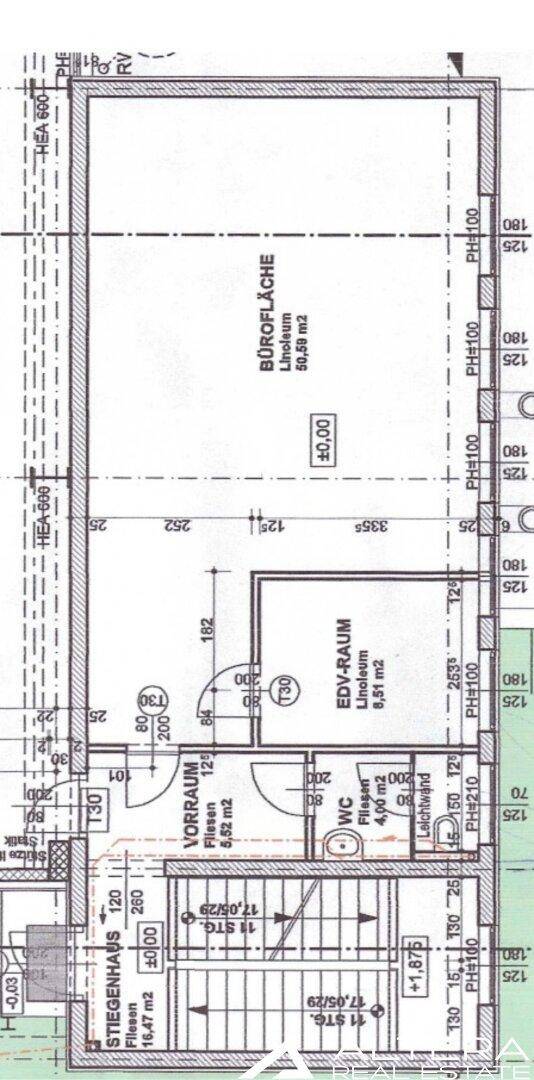 Detaillierter Grundriss mit Büroräumen, EDV-Raum, WC und Treppenhaus.