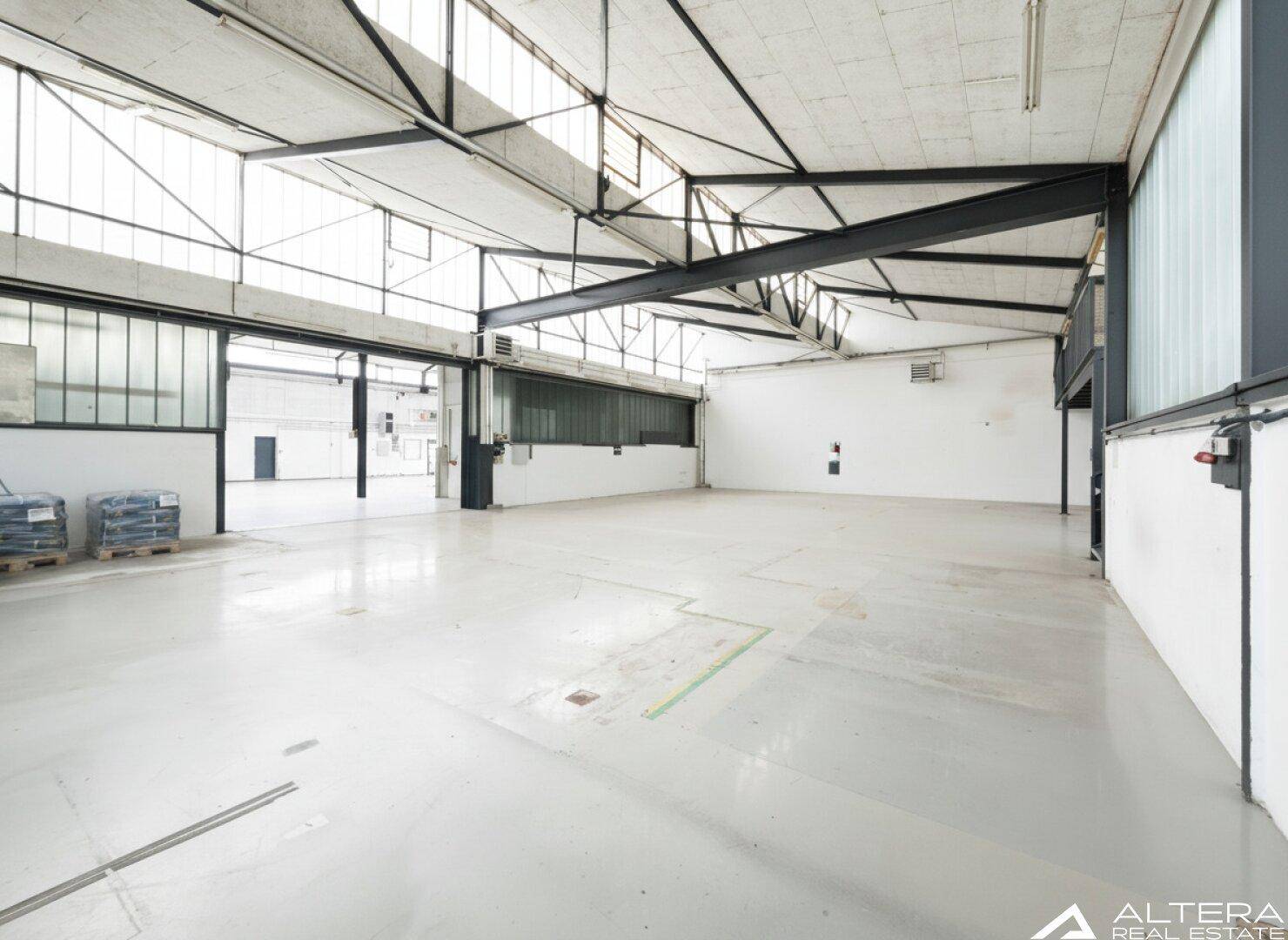 Weitläufige Industriehalle mit großen Rolltoren und viel Tageslicht, bereit für vielfältige gewerbliche Nutzung.