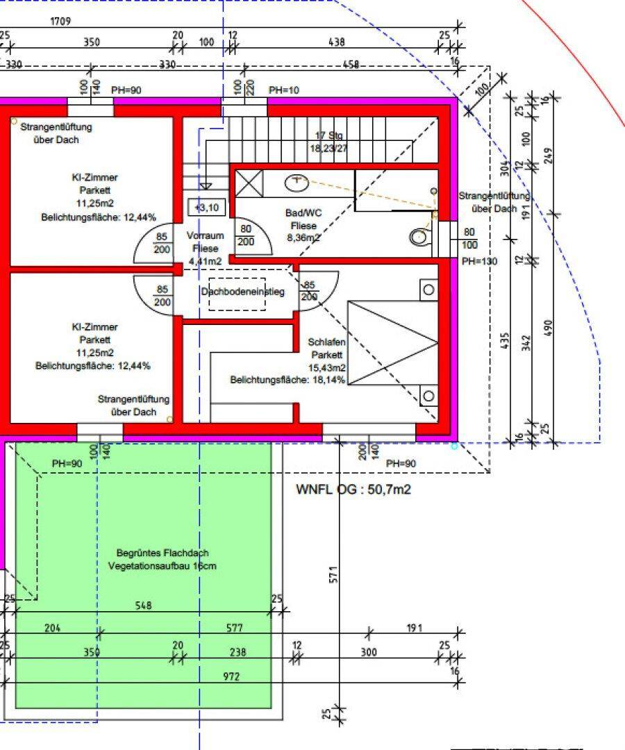 Dieser Grundriss zeigt das Obergeschoss mit Schlafzimmer, Kinderzimmern, Bad und einem begrünten Flachdach.