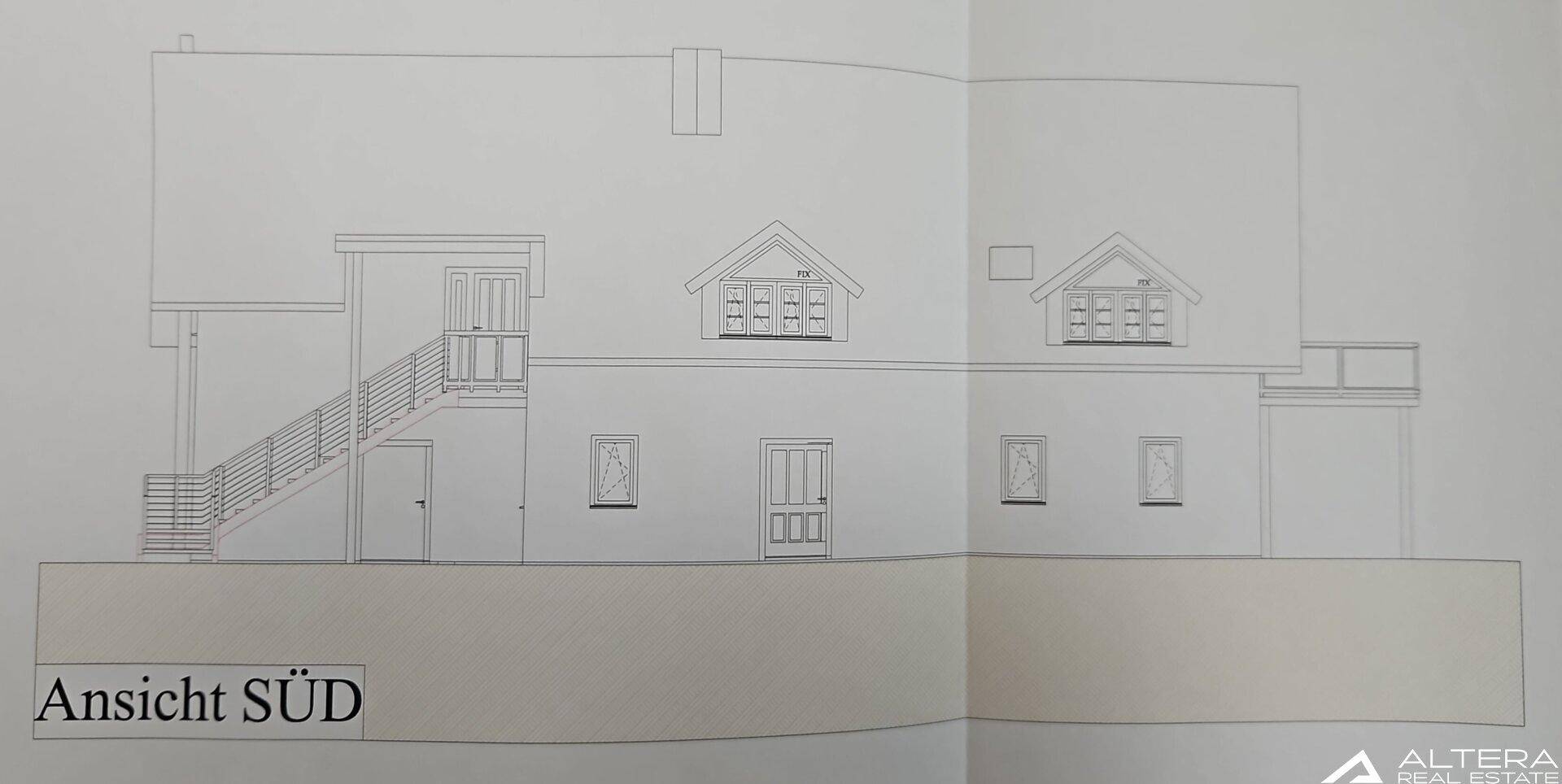 Architektonische Südansicht des Gebäudes mit Balkon und Außentreppe.