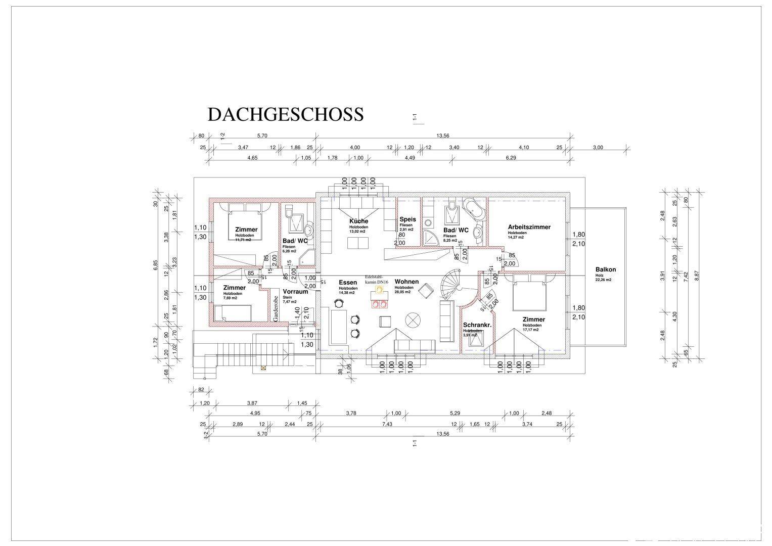 Grundriss des Dachgeschosses mit Küche, Wohnbereich, Schlafzimmern, Bädern und Balkon.