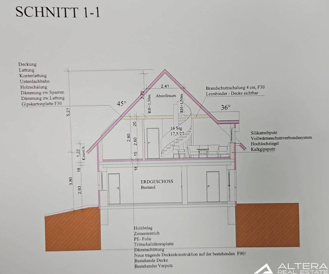 Architektonischer Querschnitt des Gebäudes zeigt die interne Struktur und Geschosse.