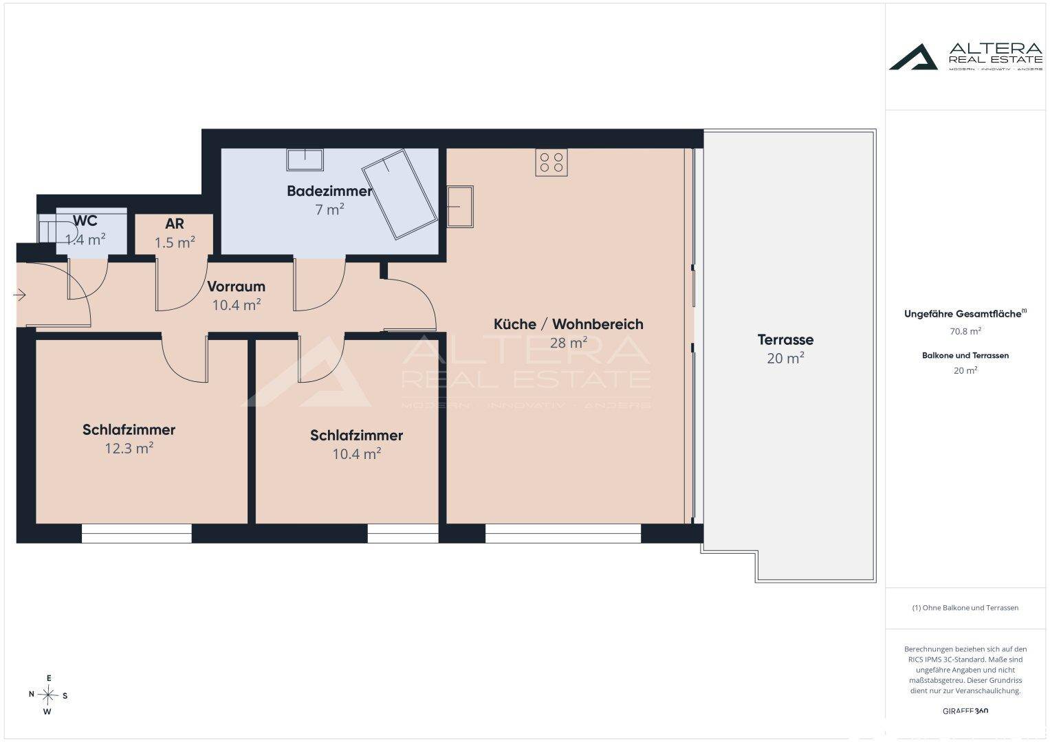 Farbiger Grundriss mit zwei Schlafzimmern, Bad, separatem WC, offenem Wohnbereich und großer Terrasse.