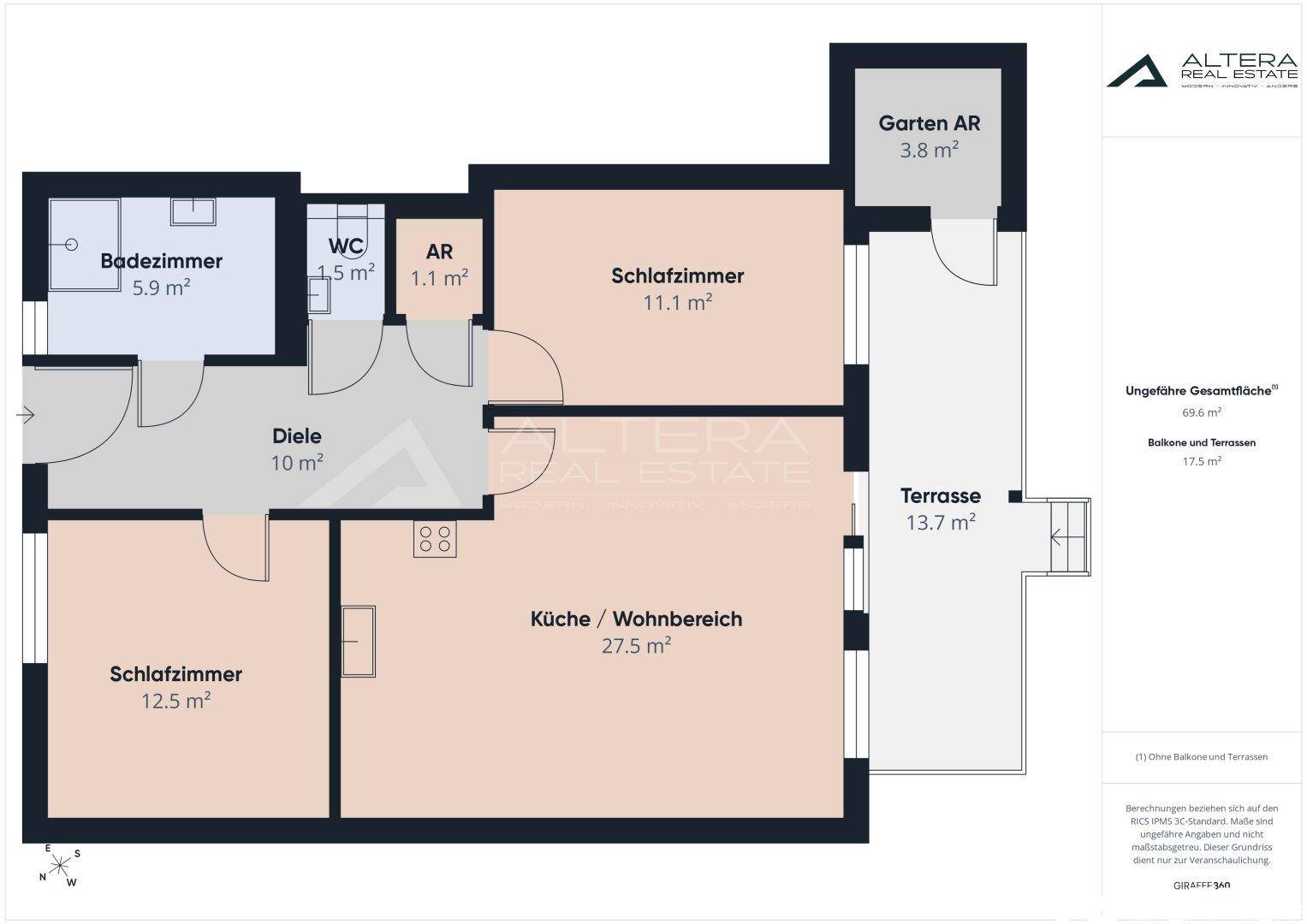 Detaillierter Grundriss der Wohnung mit Raumaufteilung, Flächenangaben und Terrassenzugang.