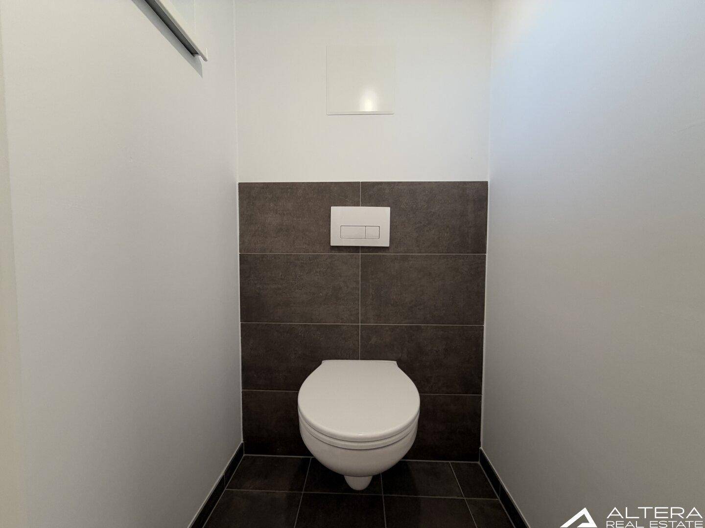 Separate Toilette mit Wand-WC und dunklen Fliesen im unteren Bereich.
