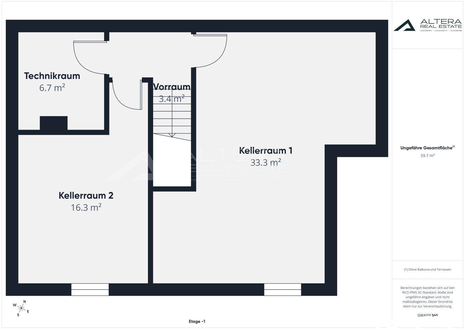 Grundriss des Kellergeschosses mit Technikraum, Vorraum und zwei Kellerräumen.