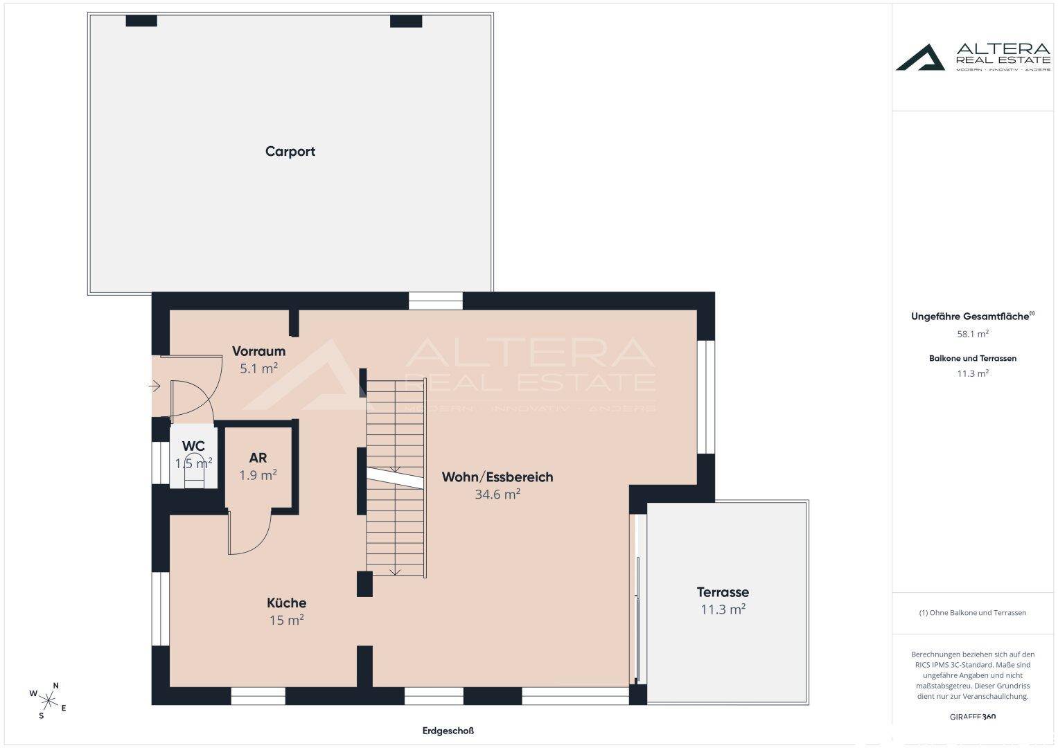 Grundriss des Erdgeschosses mit offener Küche, Wohn-/Essbereich und Terrasse.
