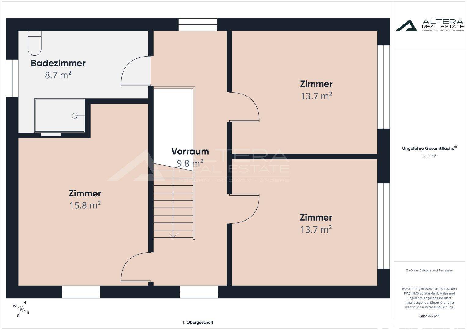 Grundriss des Obergeschosses mit drei Zimmern, Badezimmer und Vorraum.