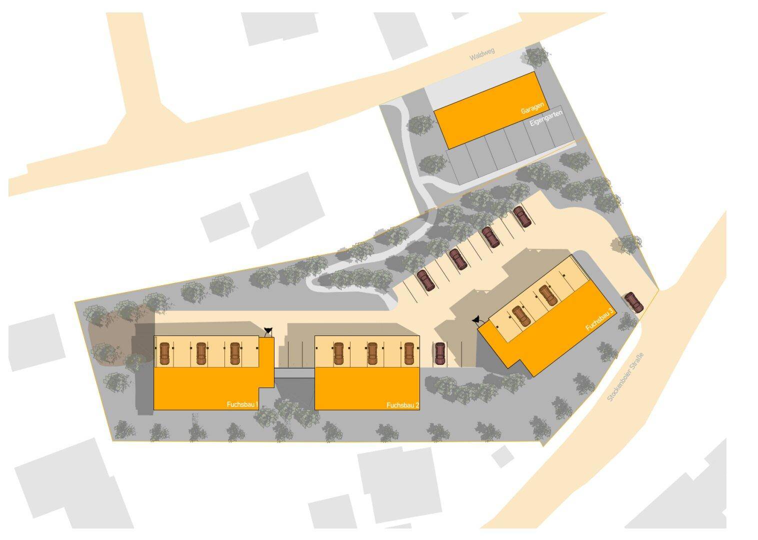 Übersichtsplan der Wohnanlage mit Gebäuden, Parkplätzen und Garagen in der Umgebung.