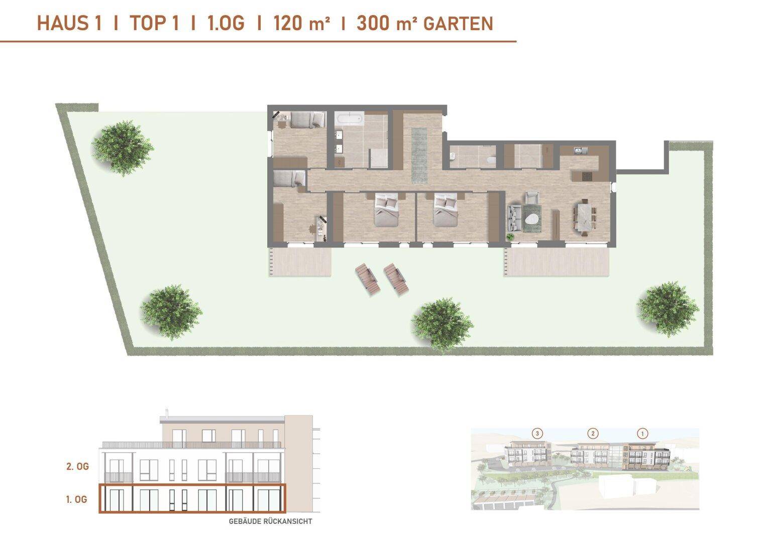 Grundriss einer Wohnung mit drei Schlafzimmern, zwei Bädern und großem Gartenbereich.