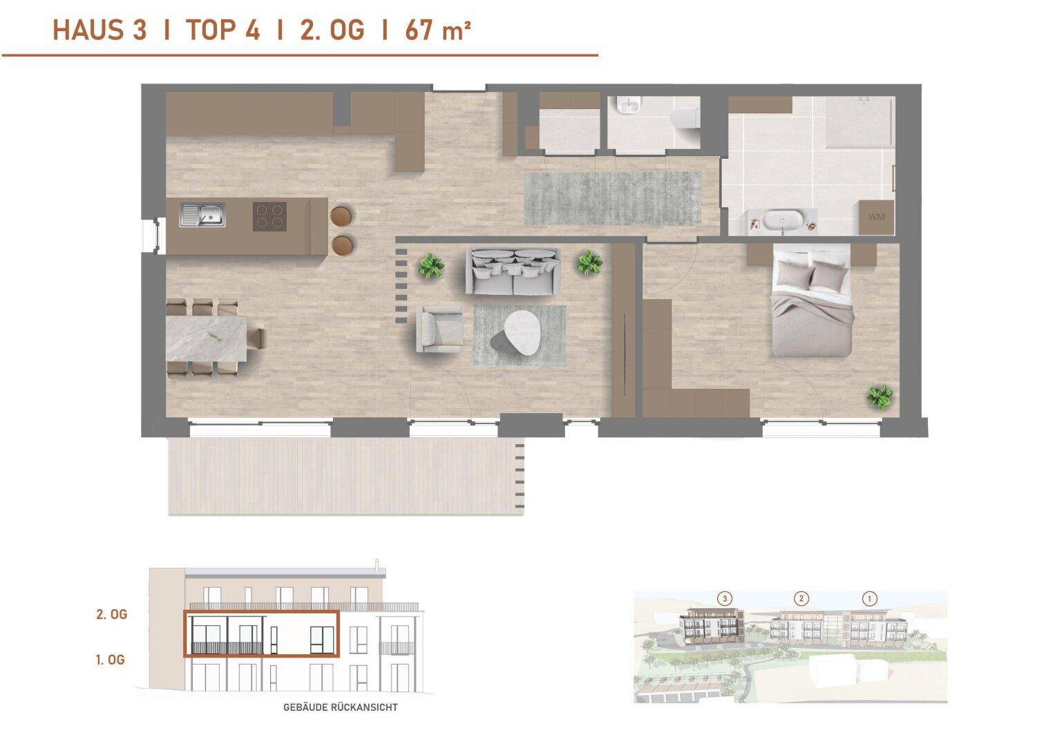 Grundriss einer 67m² Wohnung im zweiten Obergeschoss mit offenem Wohnbereich.