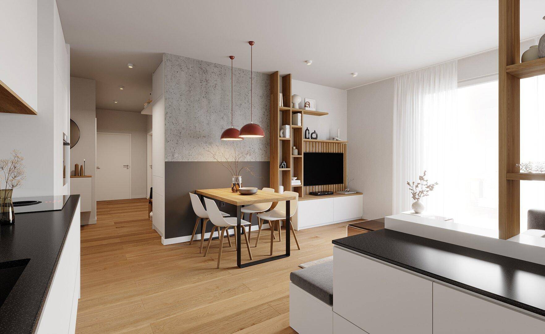 Heller Wohn- und Essbereich mit Holzboden, modernem Design und Zugang zu einem Regal.