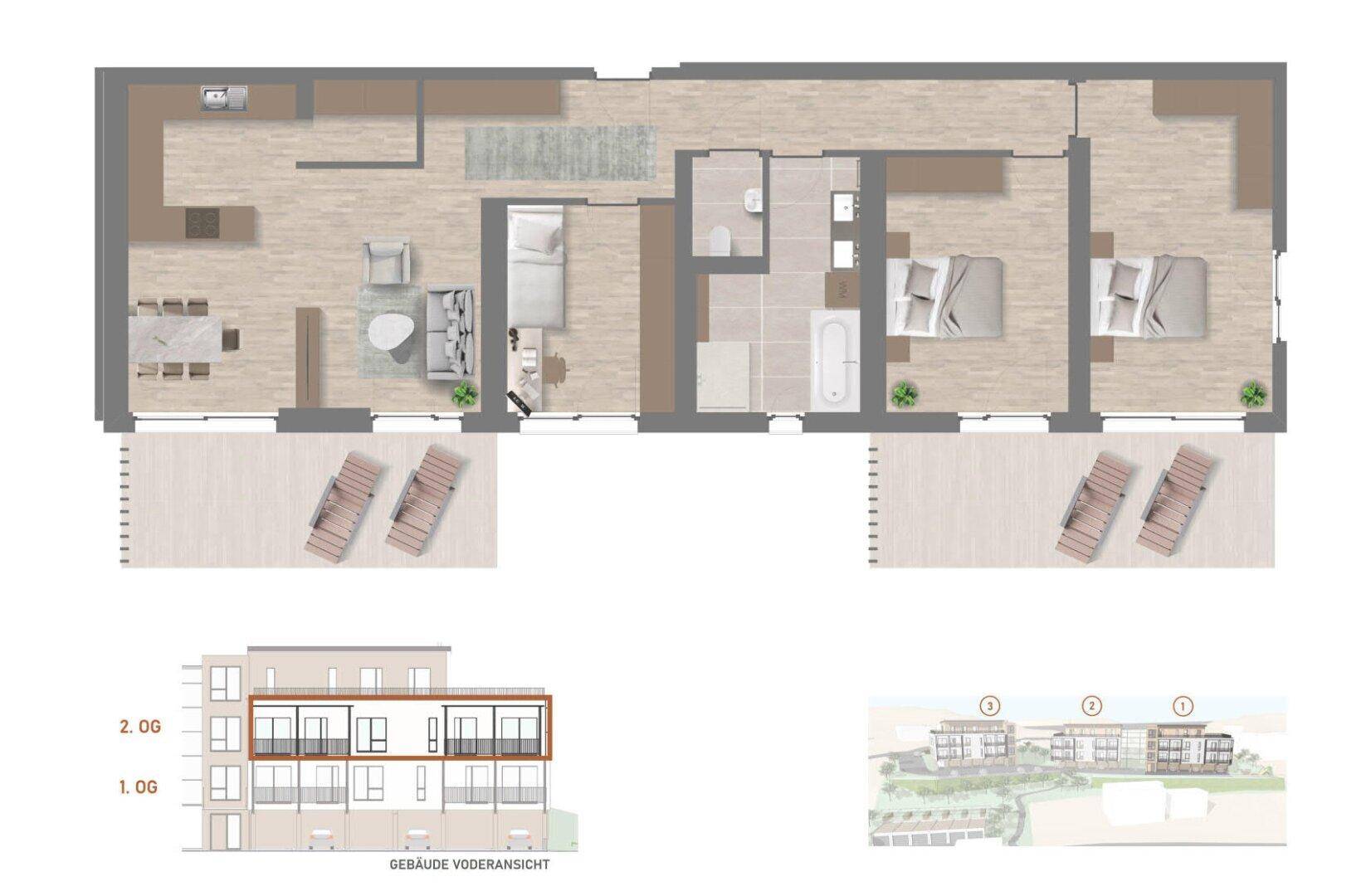 Grundriss einer Wohnung mit drei Schlafzimmern, zwei Bädern und zwei Balkonen.