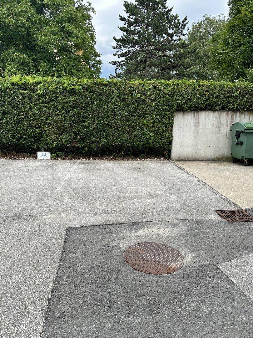 Außenparkplätze mit einer hohen Hecke, einer Betonwand und einem Müllcontainer.