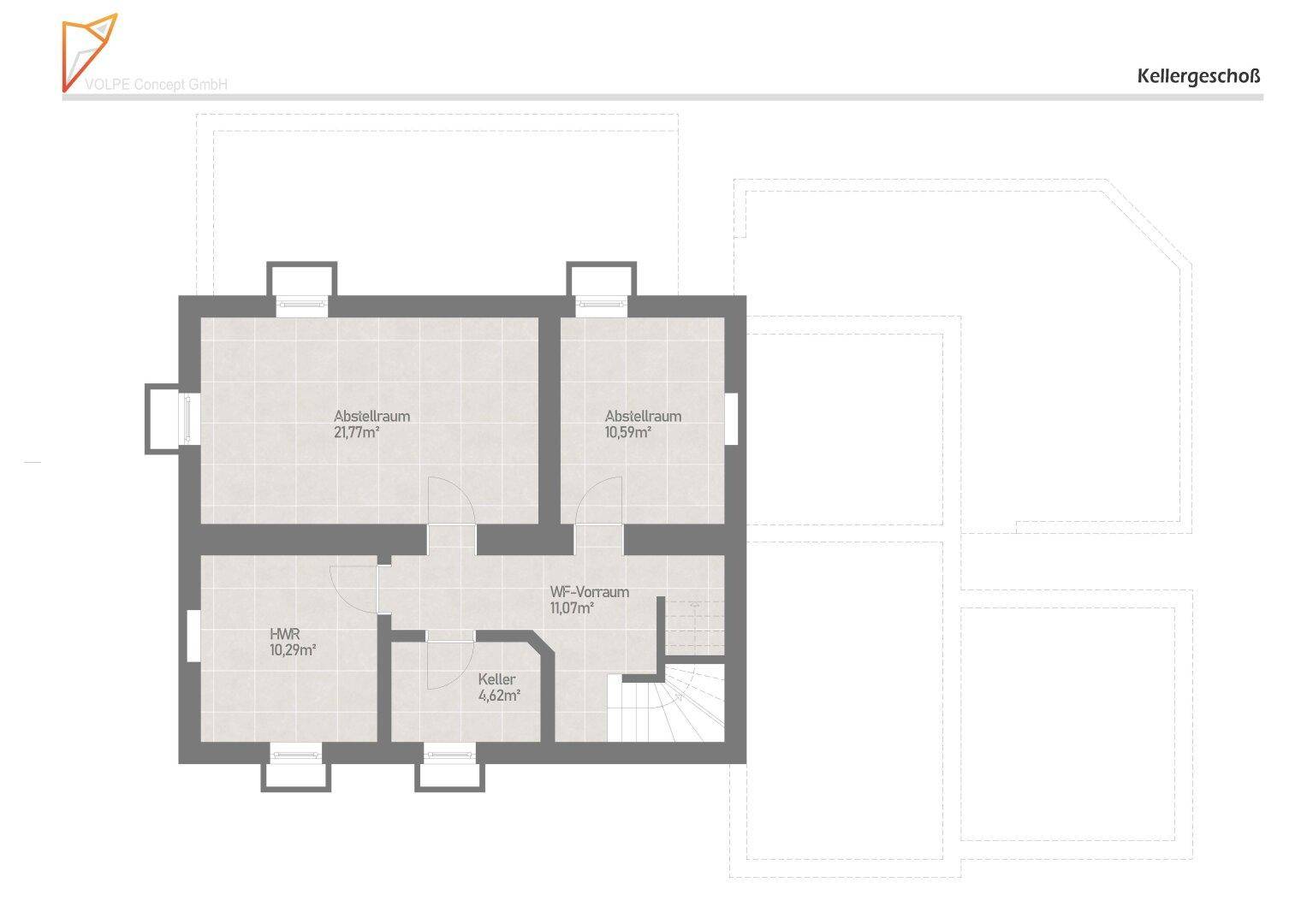 Grundriss des Kellergeschosses mit Abstellräumen und Technikraum.