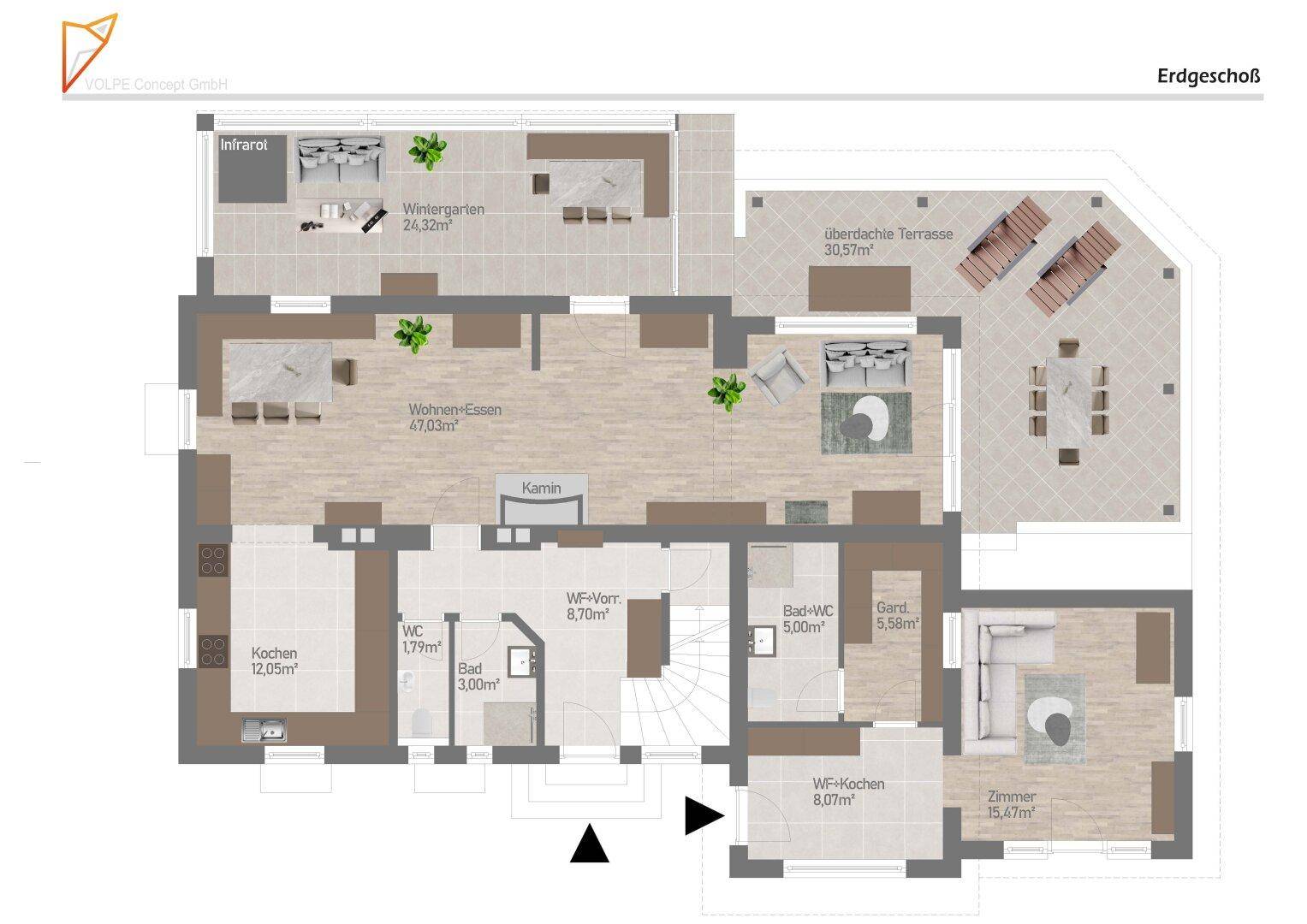 Grundriss des Erdgeschosses mit Wohn-Essbereich, Küche, Wintergarten und Terrasse.