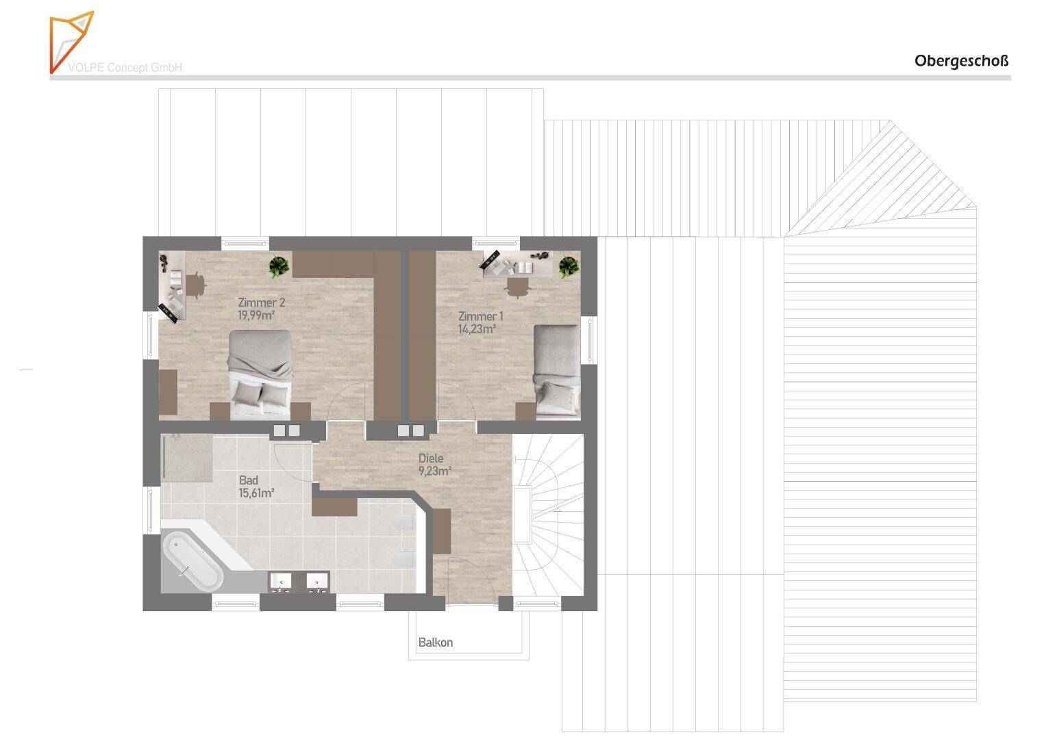 Grundriss des Obergeschosses mit zwei Schlafzimmern, Bad und Balkon.