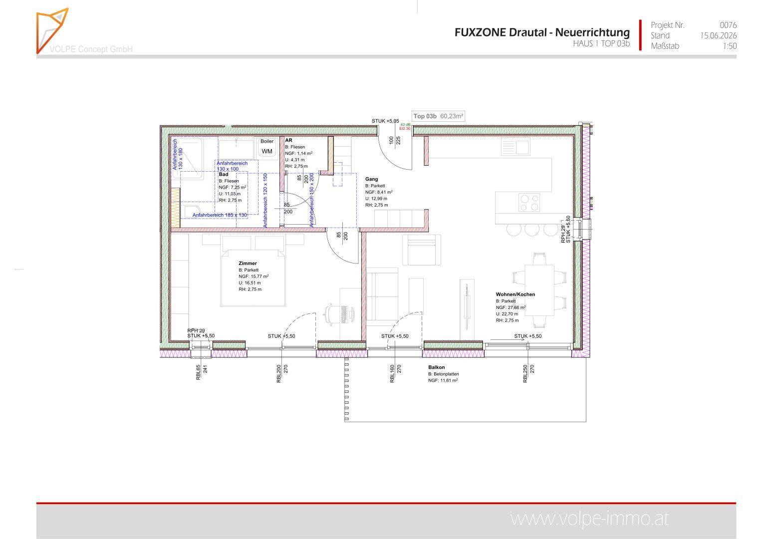 Grundrissplan einer Wohnung mit offenem Wohn-/Kochbereich, einem Schlafzimmer, Bad und Balkon.