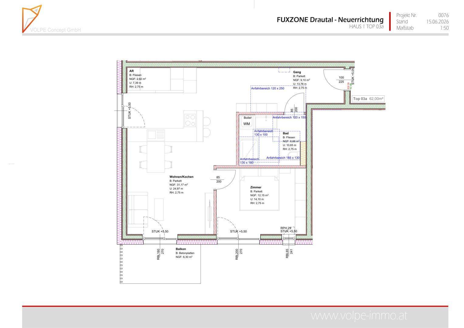 Grundriss einer Wohnung mit offenem Wohn-/Kochbereich, Schlafzimmer und Badezimmer.