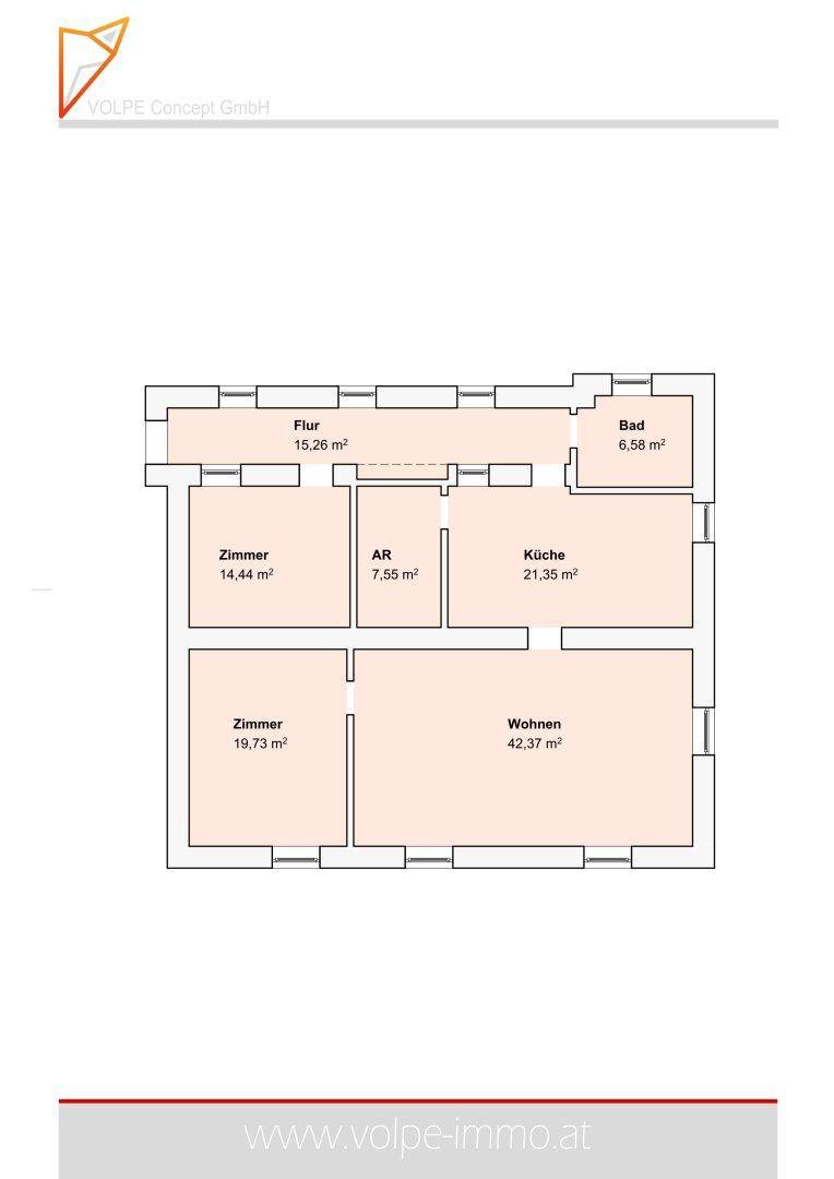 Grundriss einer Wohnung mit mehreren Zimmern, Küche und Bad, inklusive Flächenangaben.
