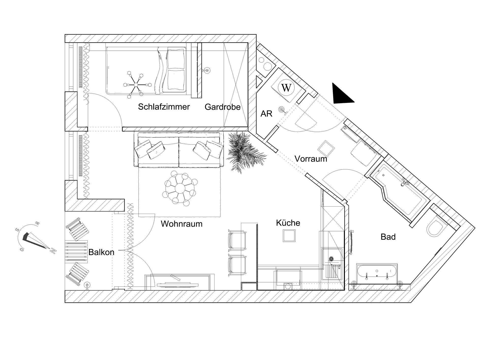 Schwarz-Weiß-Grundriss einer Wohnung mit Wohnraum, Küche und Balkon.