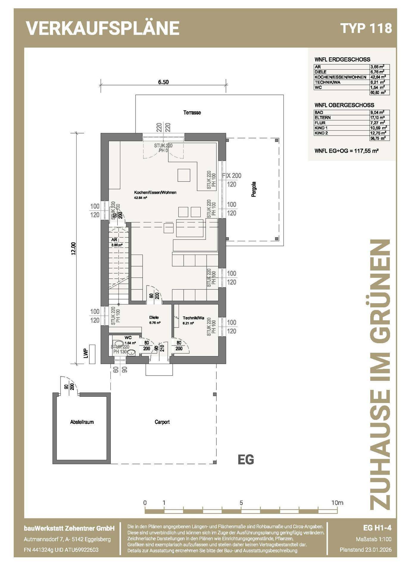 Grundriss des Erdgeschosses mit offenem Wohn-Essbereich, Küche, WC und Zugang zur Terrasse.