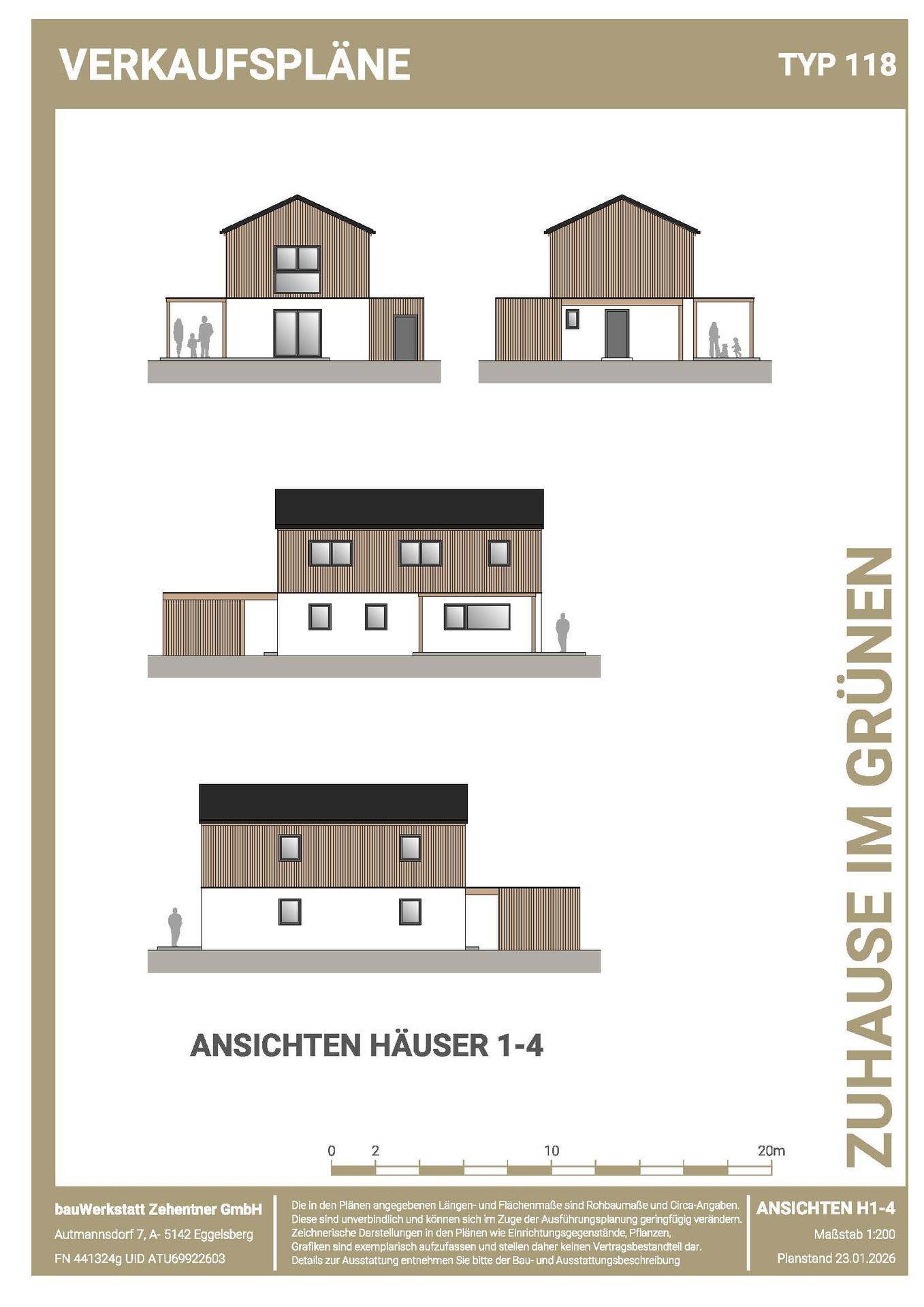 Ansichten der Häuser 1-4, zeigen die moderne Architektur mit Holzfassade und Satteldach.