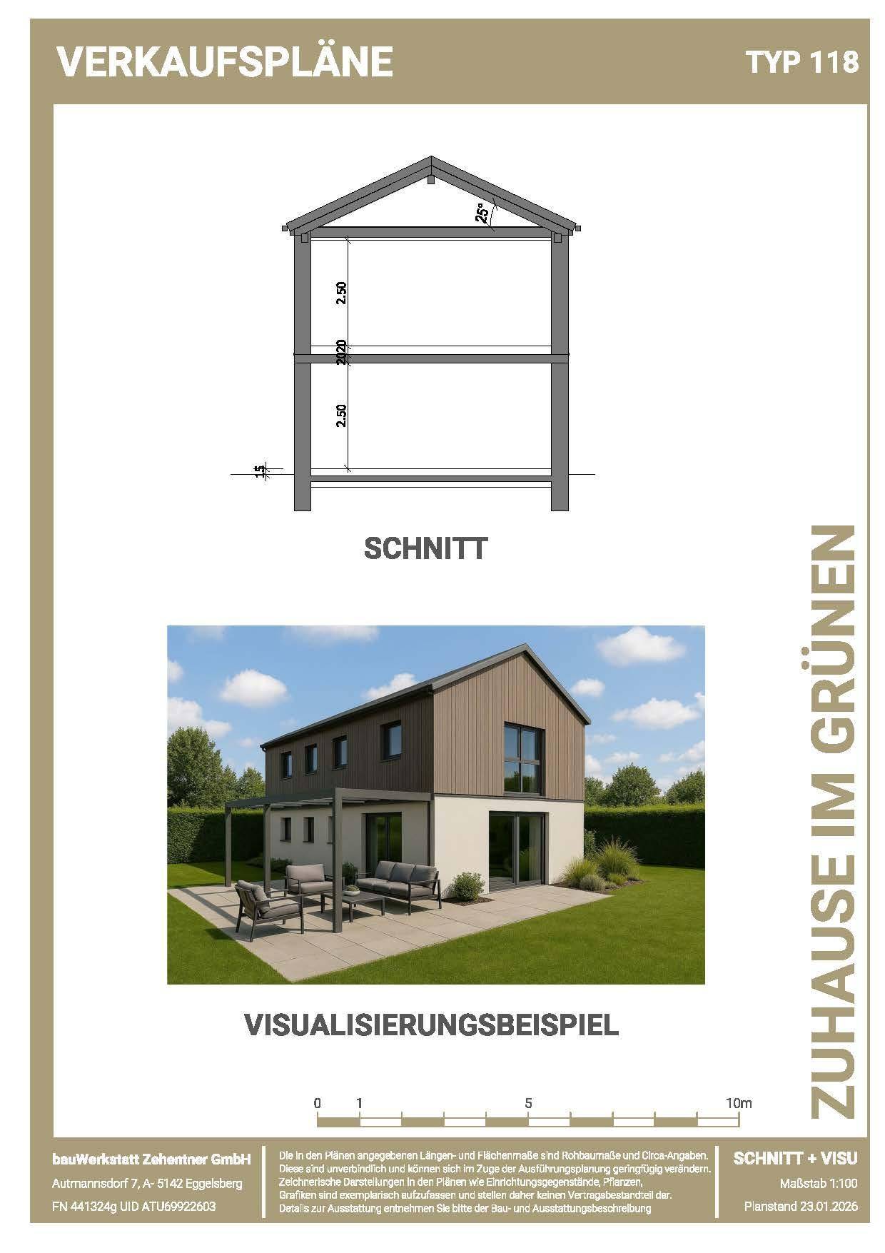 Schnittzeichnung des Hauses mit Höhenangaben und eine Visualisierung des Gebäudes.