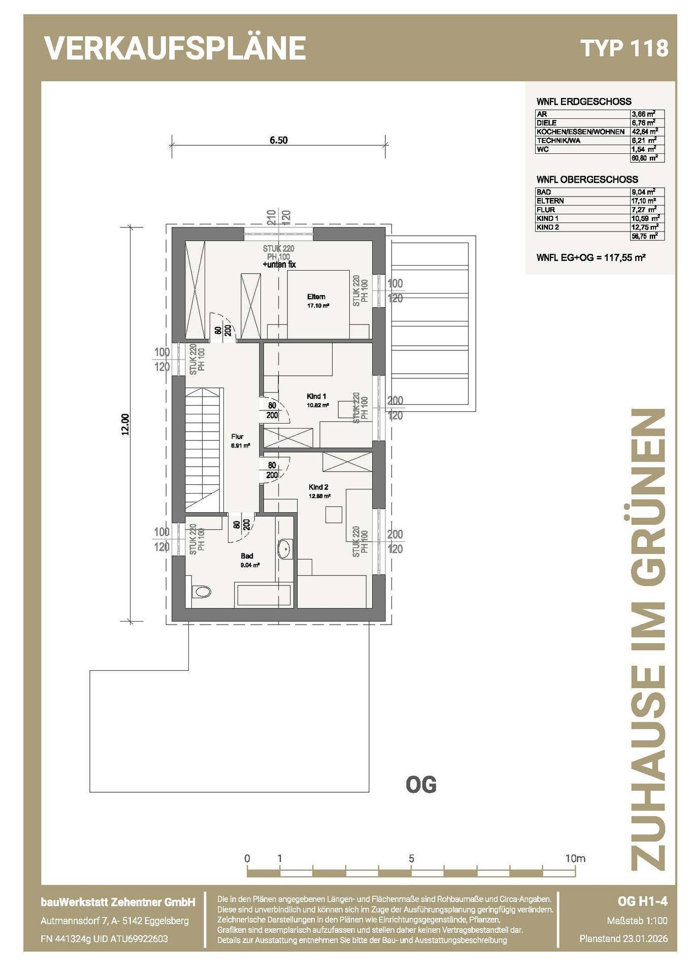 Grundriss des Obergeschosses mit drei Schlafzimmern, einem Badezimmer und Flur.