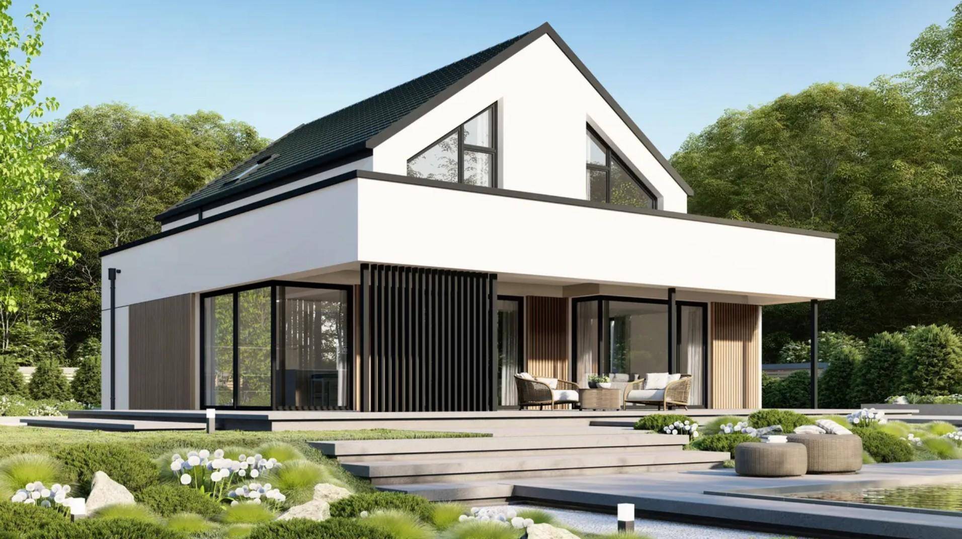 Zeitgenössisches Haus mit weißer Fassade, Holzdetails und einer einladenden Terrasse umgeben von Natur.