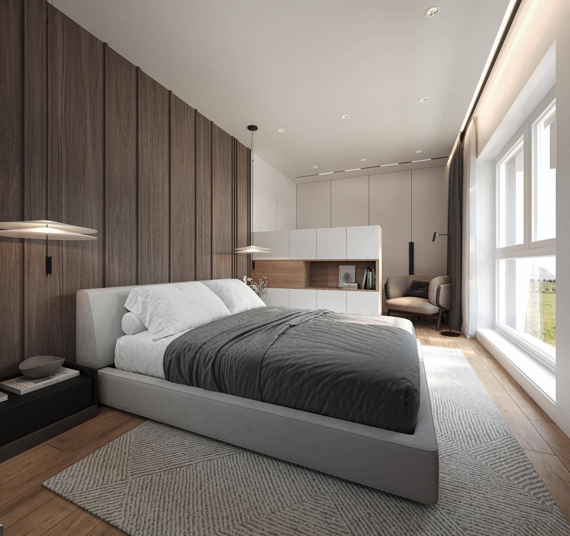 Modernes Schlafzimmer mit Holzwandverkleidung, großem Fenster und viel natürlichem Licht.