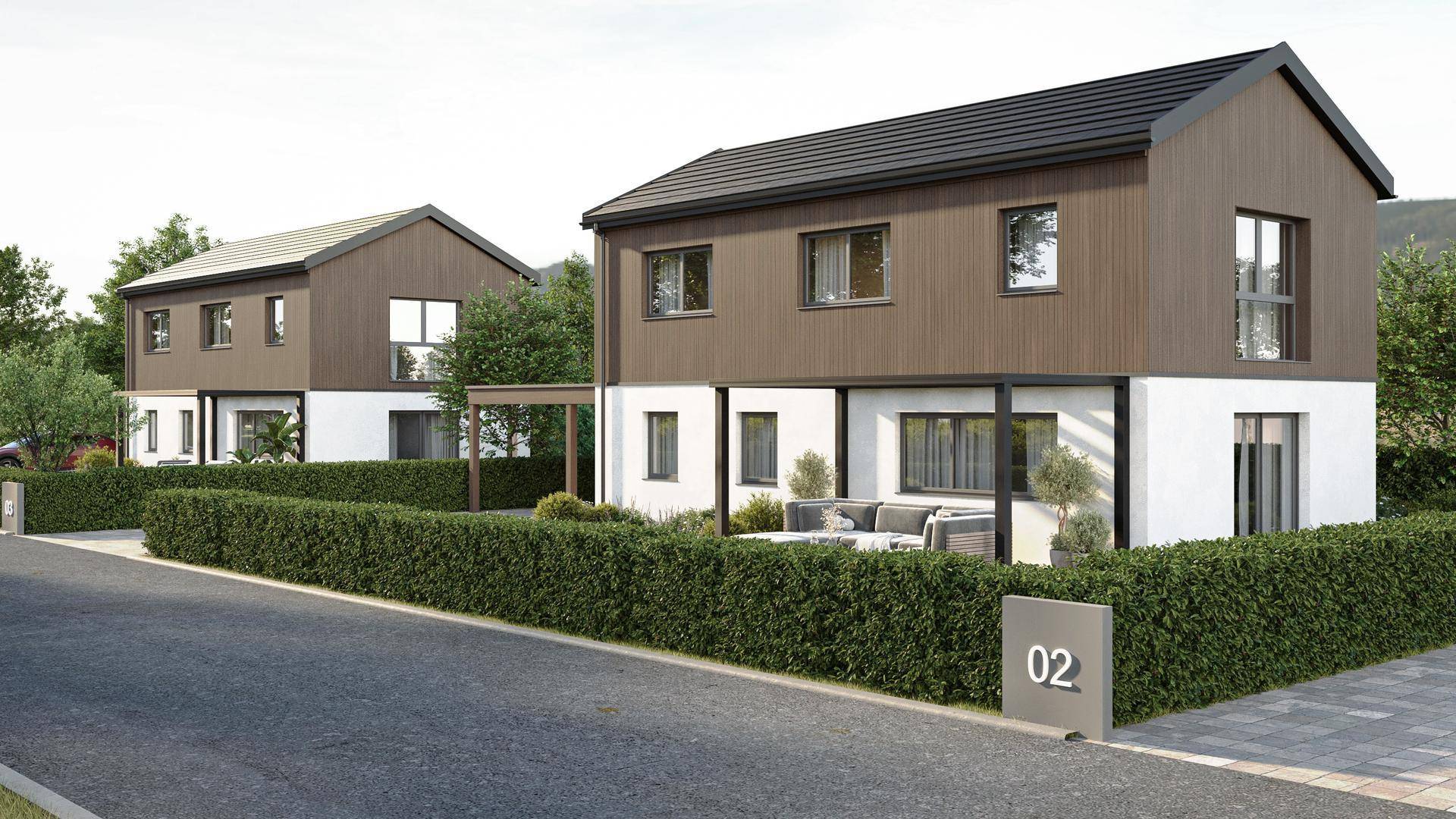 Ansicht von modernen Reihenhäusern mit brauner Holzfassade, weißen Akzenten und einer möblierten Terrasse.