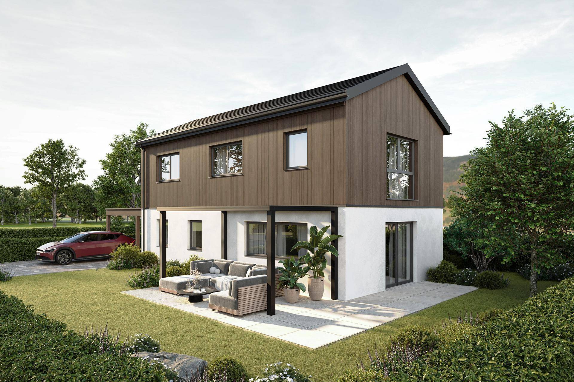 Einzelnes modernes Reihenhaus mit brauner Holzfassade, weißem Sockel, Terrasse und gepflegtem Gartenbereich.