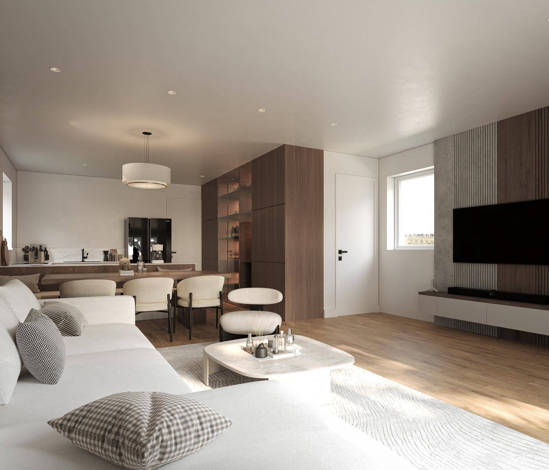 Helles, offenes Wohn-Esszimmer mit Holzboden, modernen Möbeln und integrierten Regalen.