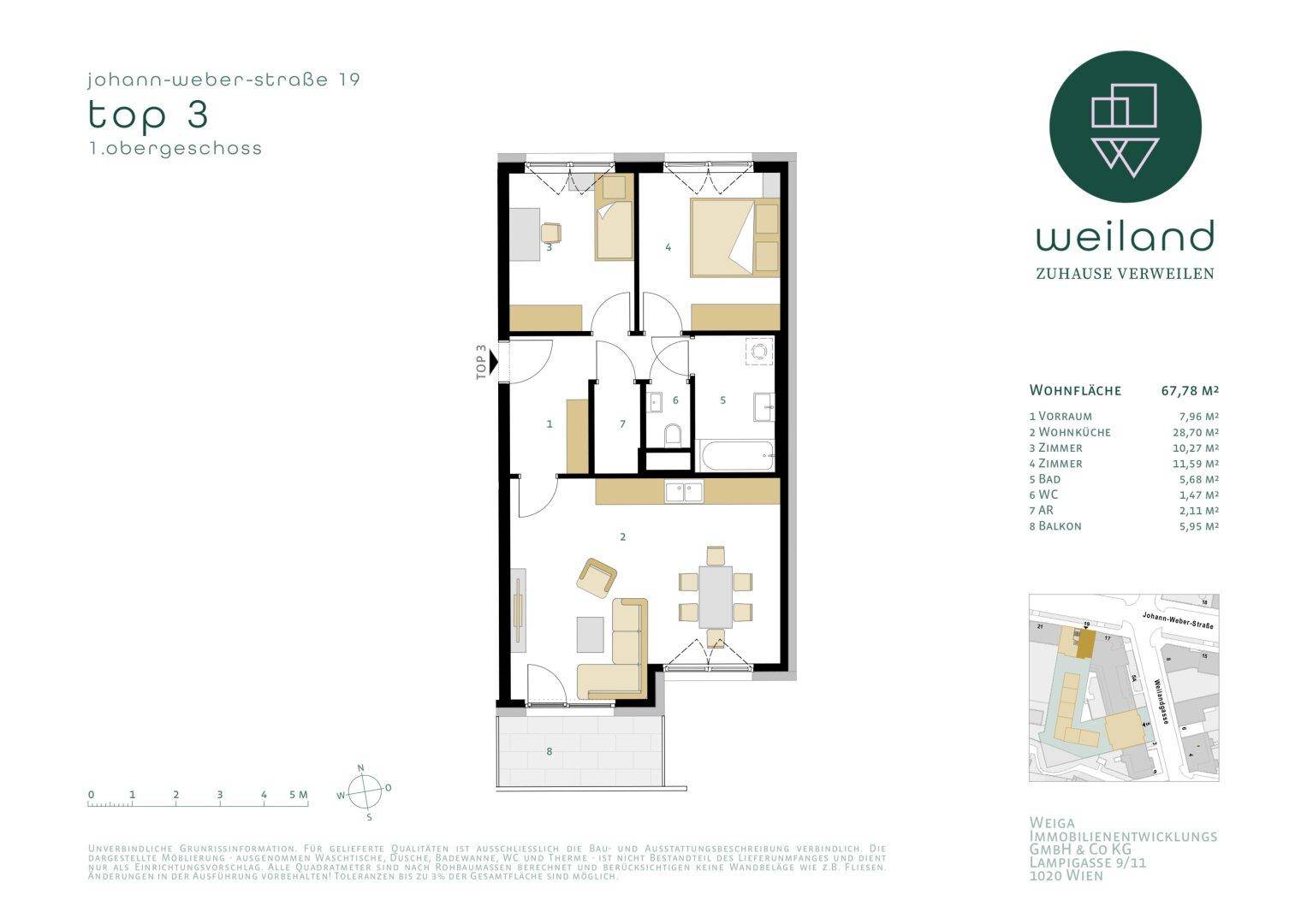 Detaillierter Grundriss der Wohnung Top 3 im 1. Obergeschoss mit Balkon und offener Wohnküche.