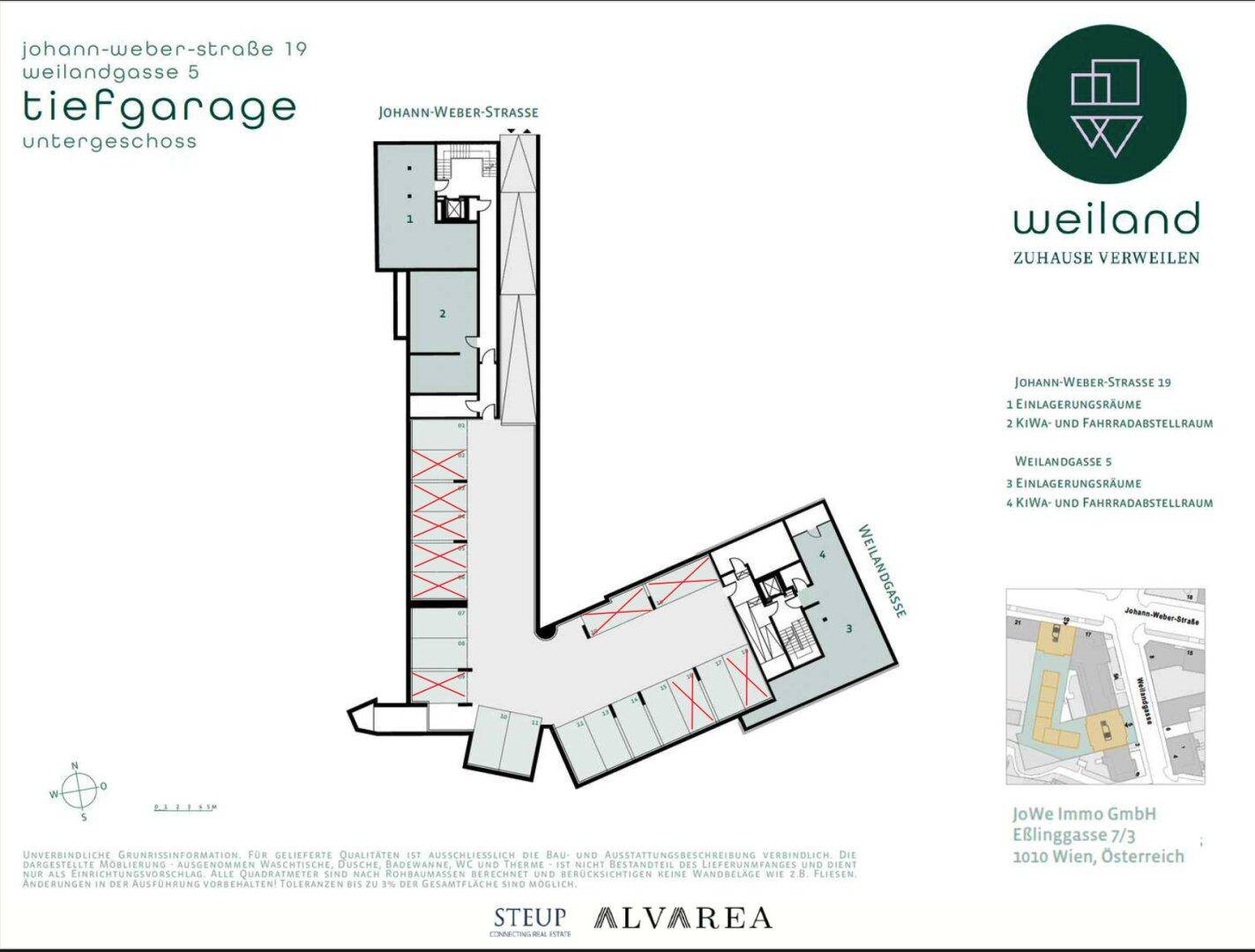 Grundriss der Tiefgarage mit zahlreichen Stellplätzen und separaten Einlagerungs- sowie Fahrradabstellräumen im Untergeschoss.