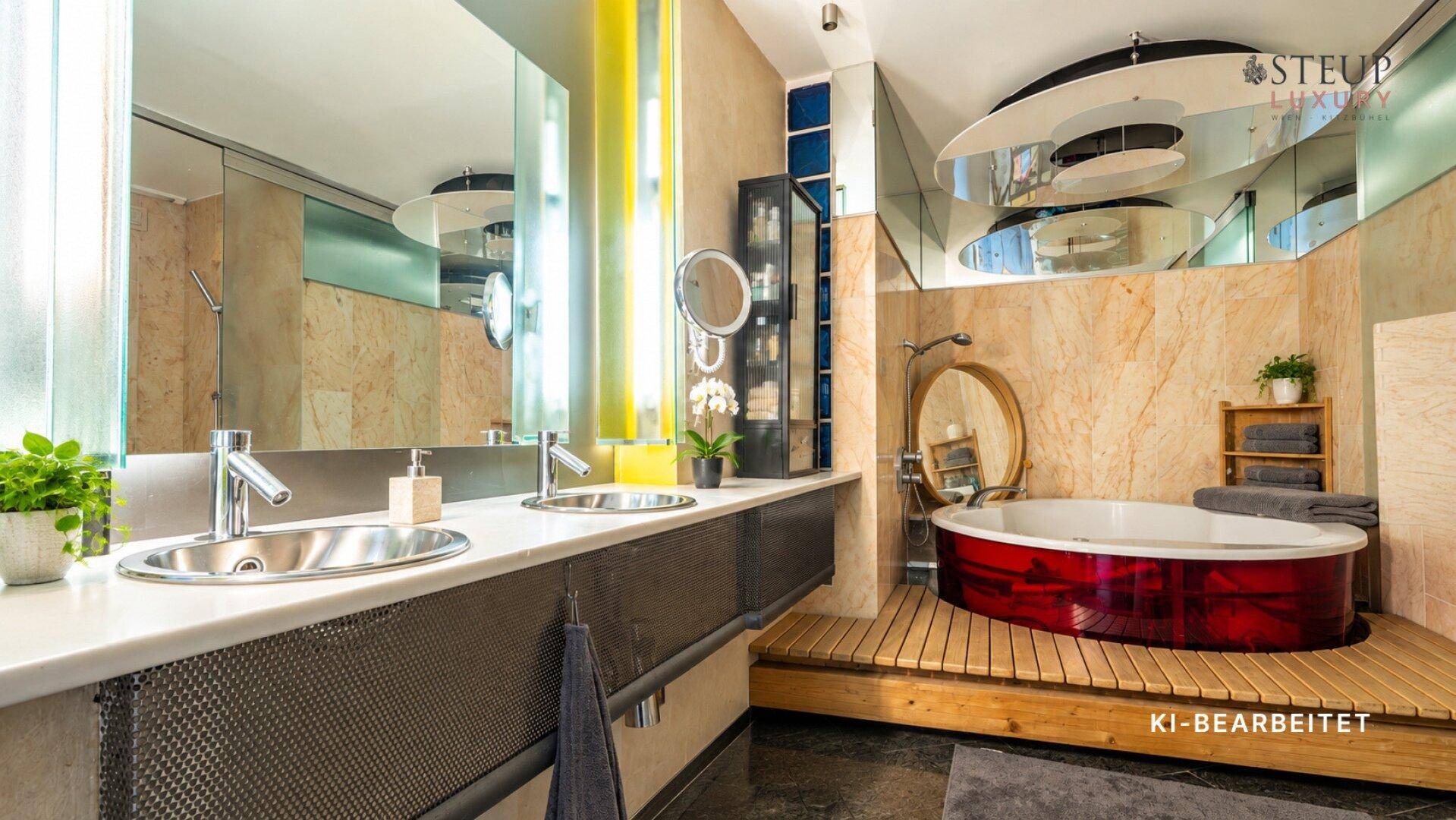 Luxuriöses Badezimmer mit Doppelwaschbecken, großer Badewanne und Marmorfliesen.