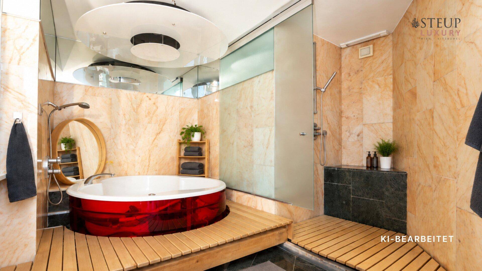 Elegantes Badezimmer mit runder Badewanne, begehbarer Dusche und Marmorfliesen.